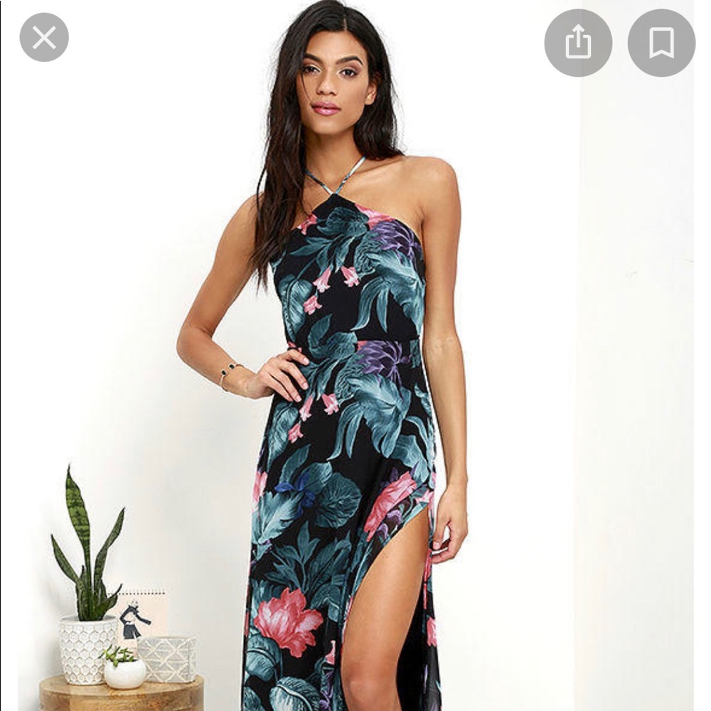 lulu’s black floral backless maxi